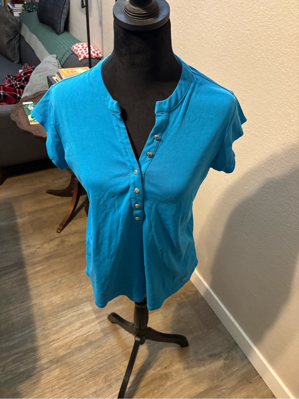 Calvin Klein Short Sleeve Henley Top - Turquoise Blue